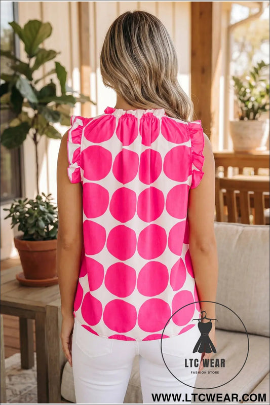 Rose polka dot print frilled round neck shift tank top - tank tops
