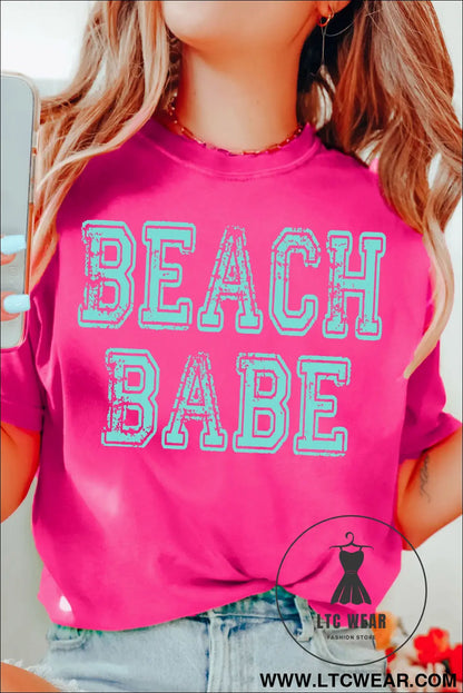 Rose red beach babe graphic relaxed t shirt - rose red / 2xl / 62% polyester + 32% cotton + 6% elastane - graphic tees