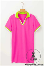 Rose Red V Neck T-shirt Dress with Neon Green Contrast Trim