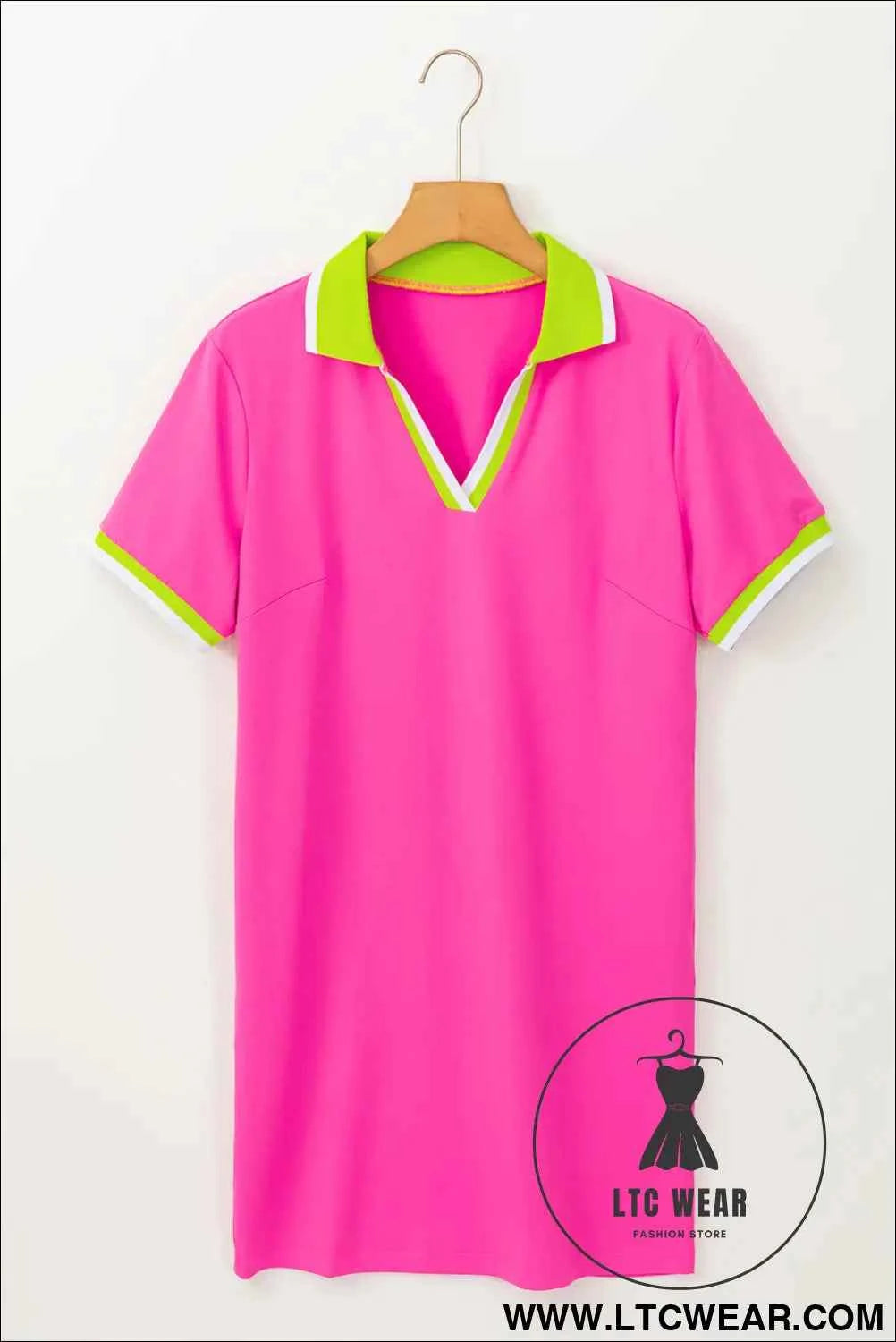 Rose Red V Neck T-shirt Dress with Neon Green Contrast Trim