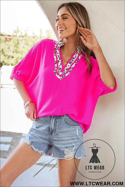 Rose Red Dolman Half Sleeve Leopard Patchwork Trim V Neck Blouse