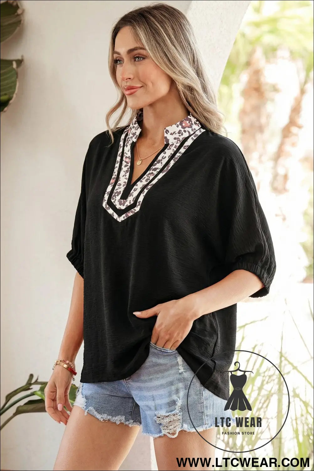 Rose Red Dolman Half Sleeve Leopard Patchwork Trim V Neck Blouse - L.T.C Wear Online Fashion Store