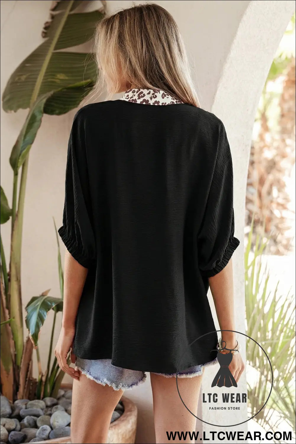 Rose Red Dolman Half Sleeve Leopard Patchwork Trim V Neck Blouse - L.T.C Wear Online Fashion Store