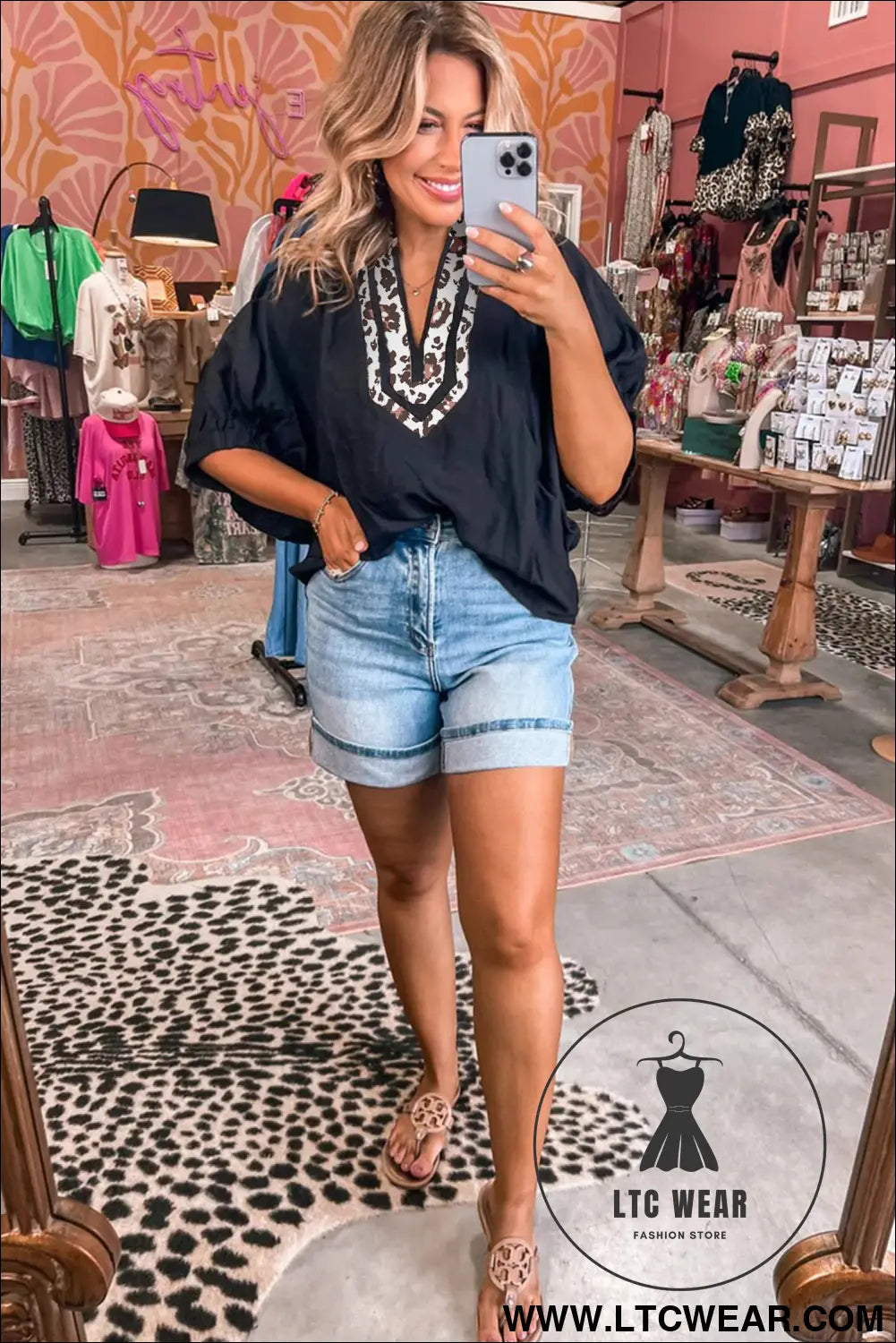 Rose Red Dolman Half Sleeve Leopard Patchwork Trim V Neck Blouse - L.T.C Wear Online Fashion Store
