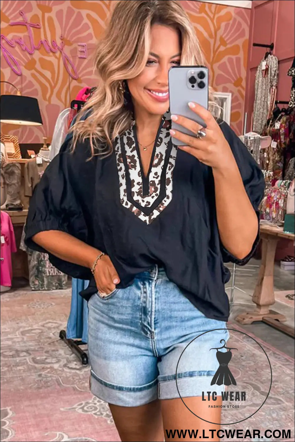 Rose Red Dolman Half Sleeve Leopard Patchwork Trim V Neck Blouse - L.T.C Wear Online Fashion Store
