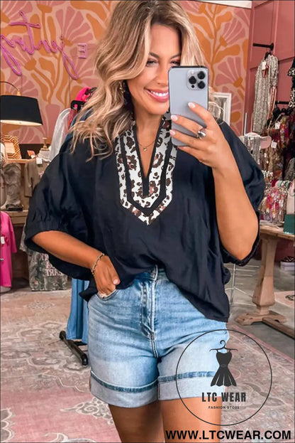 Rose Red Dolman Half Sleeve Leopard Patchwork Trim V Neck Blouse - L.T.C Wear Online Fashion Store