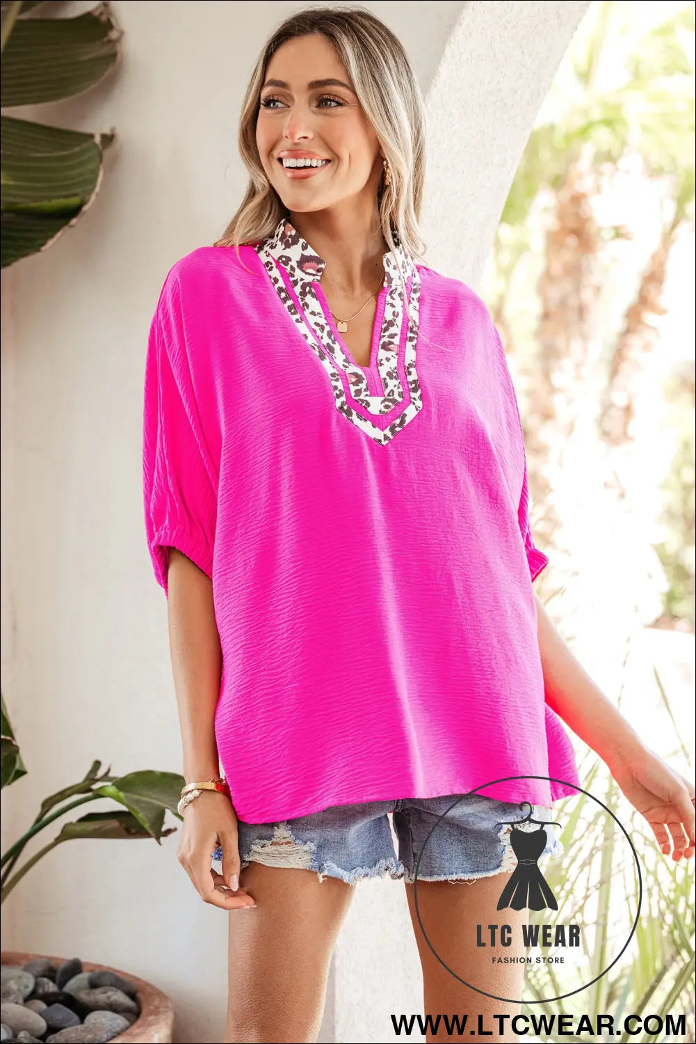 Rose Red Dolman Half Sleeve Leopard Patchwork Trim V Neck Blouse - L.T.C Wear Online Fashion Store