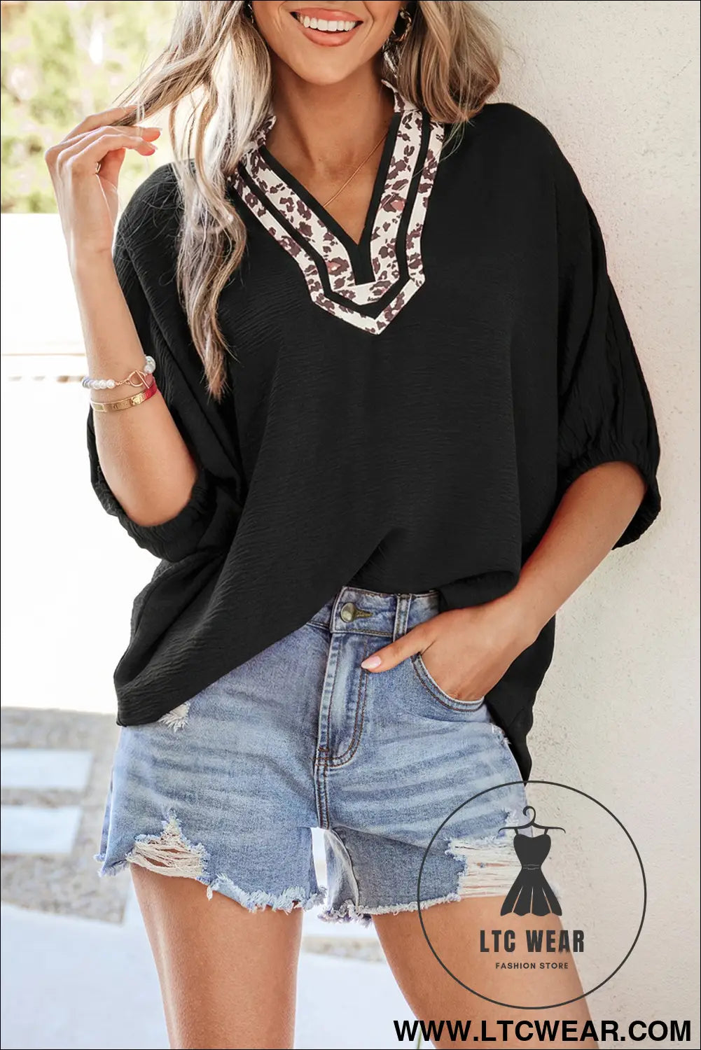 Rose Red Dolman Half Sleeve Leopard Patchwork Trim V Neck Blouse - L.T.C Wear Online Fashion Store