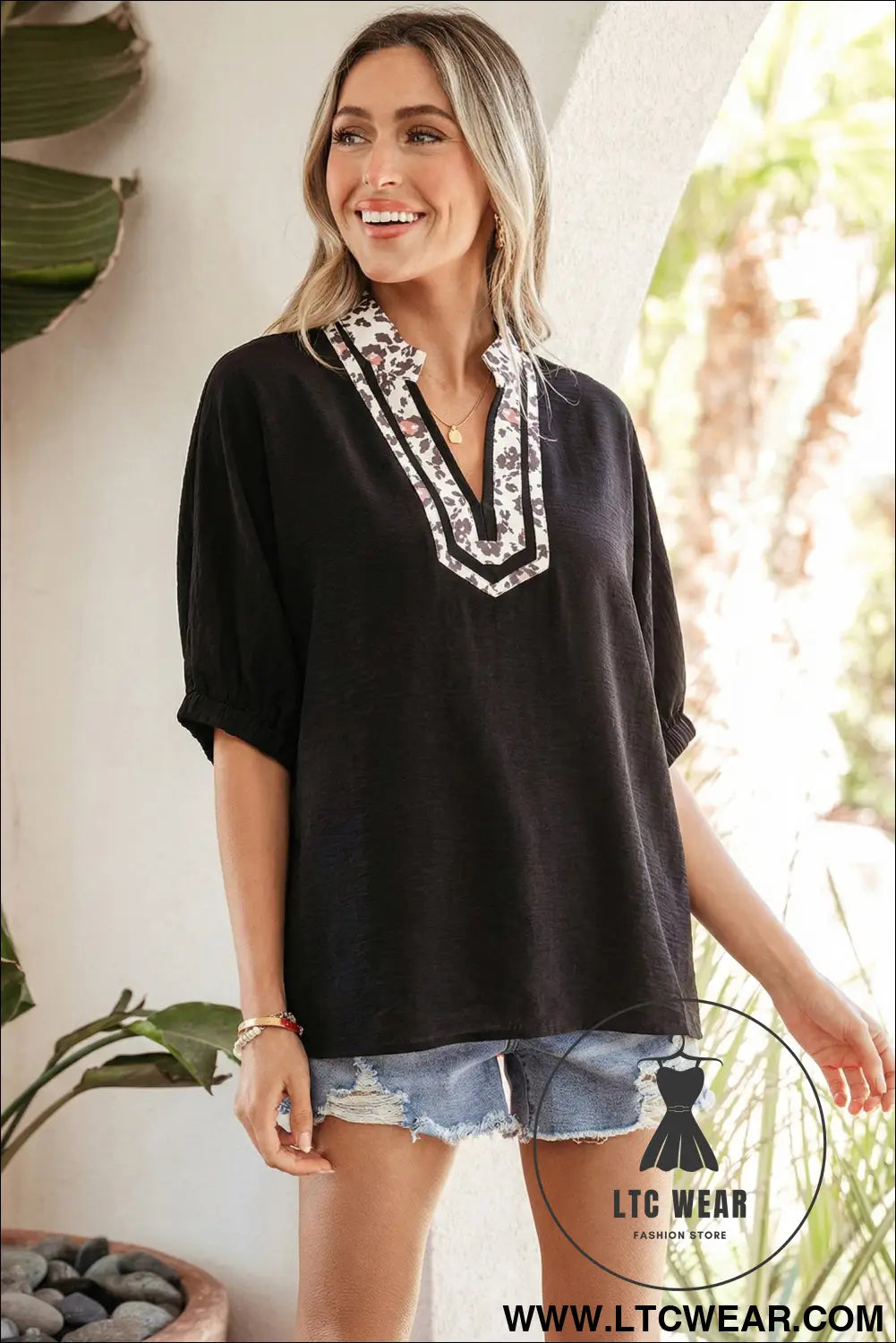 Rose Red Dolman Half Sleeve Leopard Patchwork Trim V Neck Blouse - L.T.C Wear Online Fashion Store