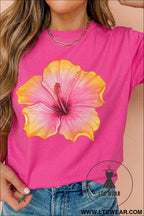 Rose red floral print loose fit short sleeve t-shirt - graphic tees