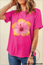 Rose red floral print loose fit short sleeve t-shirt - graphic tees