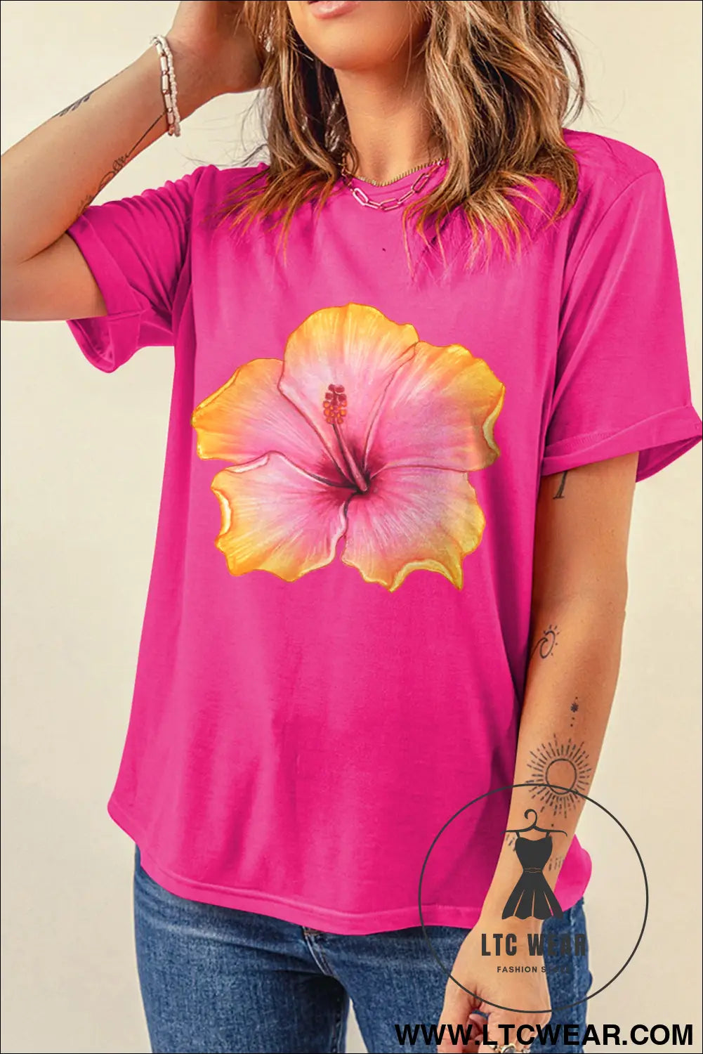 Rose red floral print loose fit short sleeve t-shirt - graphic tees
