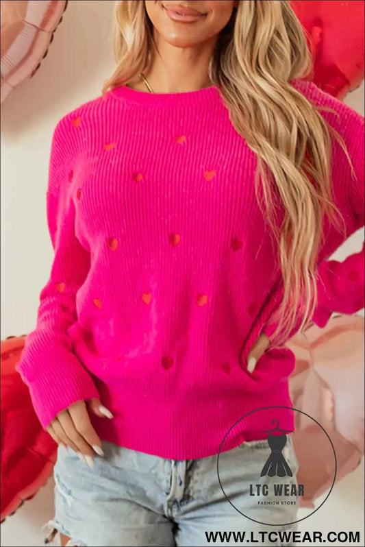 Rose Red Heart Shape Drop Shoulder Round Neck Sweater