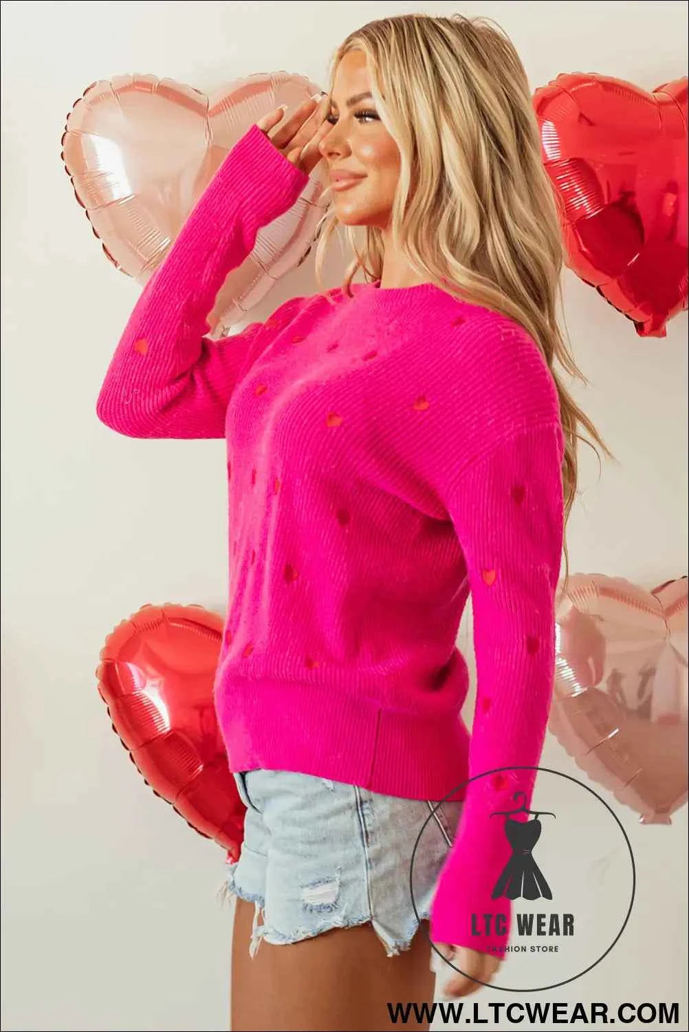 Rose Red Heart Shape Drop Shoulder Round Neck Sweater