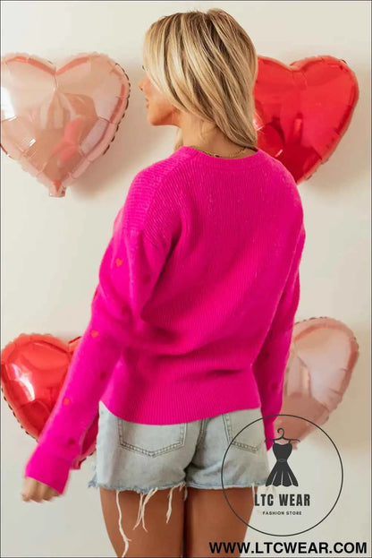 Rose Red Heart Shape Drop Shoulder Round Neck Sweater