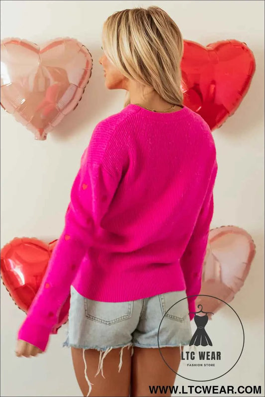 Rose Red Heart Shape Drop Shoulder Round Neck Sweater