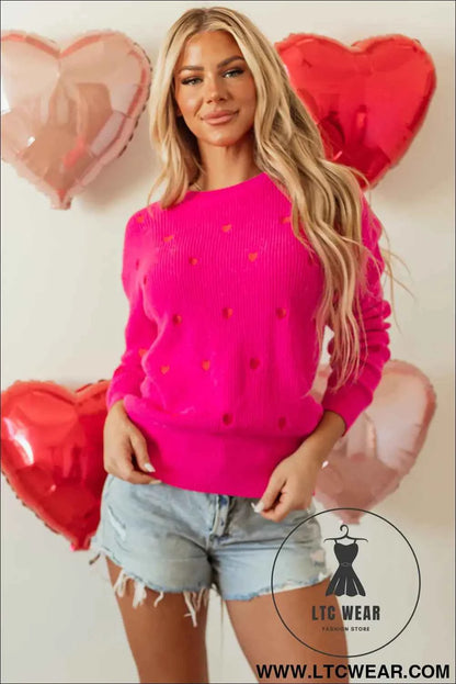 Rose Red Heart Shape Drop Shoulder Round Neck Sweater