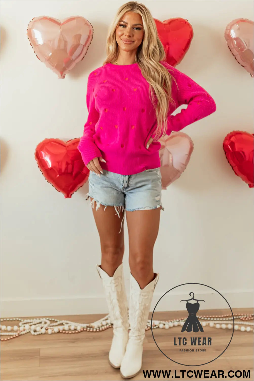 Rose Red Heart Shape Drop Shoulder Round Neck Sweater - L.T.C Wear Online Fashion Store