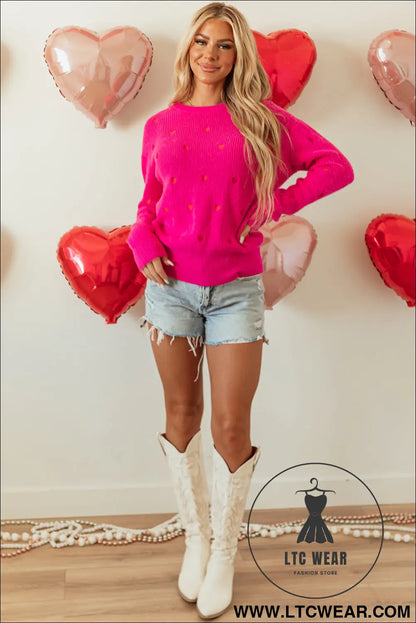 Rose Red Heart Shape Drop Shoulder Round Neck Sweater - L.T.C Wear Online Fashion Store