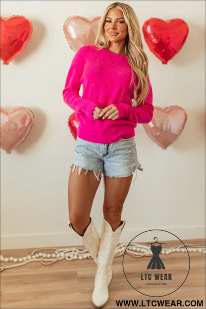 Rose Red Heart Shape Drop Shoulder Round Neck Sweater - L.T.C Wear Online Fashion Store