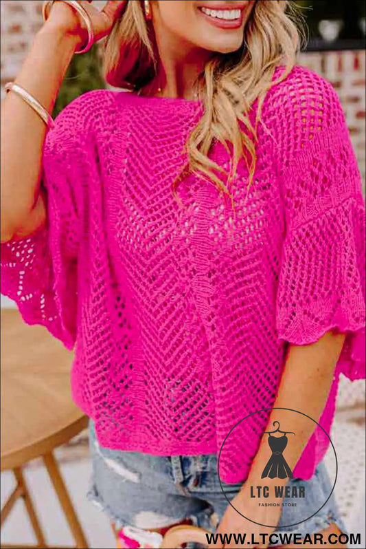 Rose Red Pointelle Knit Scallop Edge Short Sleeve Knit Top