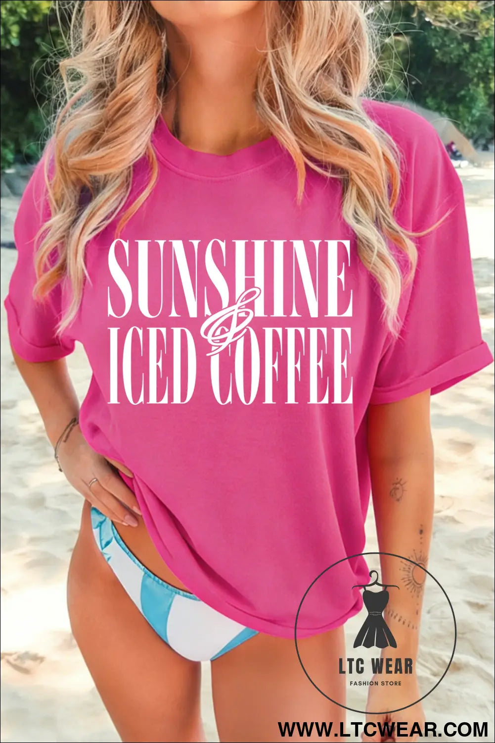 Rose red sunshine iced coffee casual summer t shirt - rose red / 2xl / 62% polyester + 32% cotton + 6% elastane