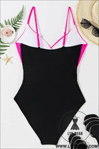 Rose red two-tone colorblock cutout one piece swimsuit - 20%