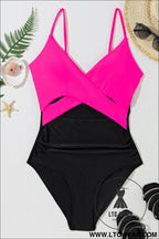 Rose red two-tone colorblock cutout one piece swimsuit - 20%