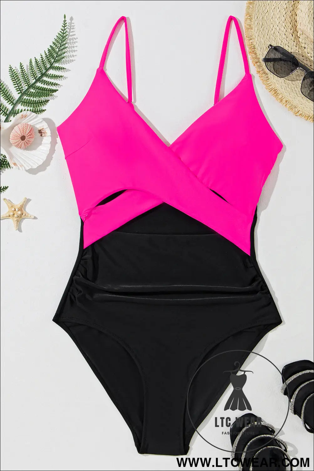 Rose red two-tone colorblock cutout one piece swimsuit - 20%