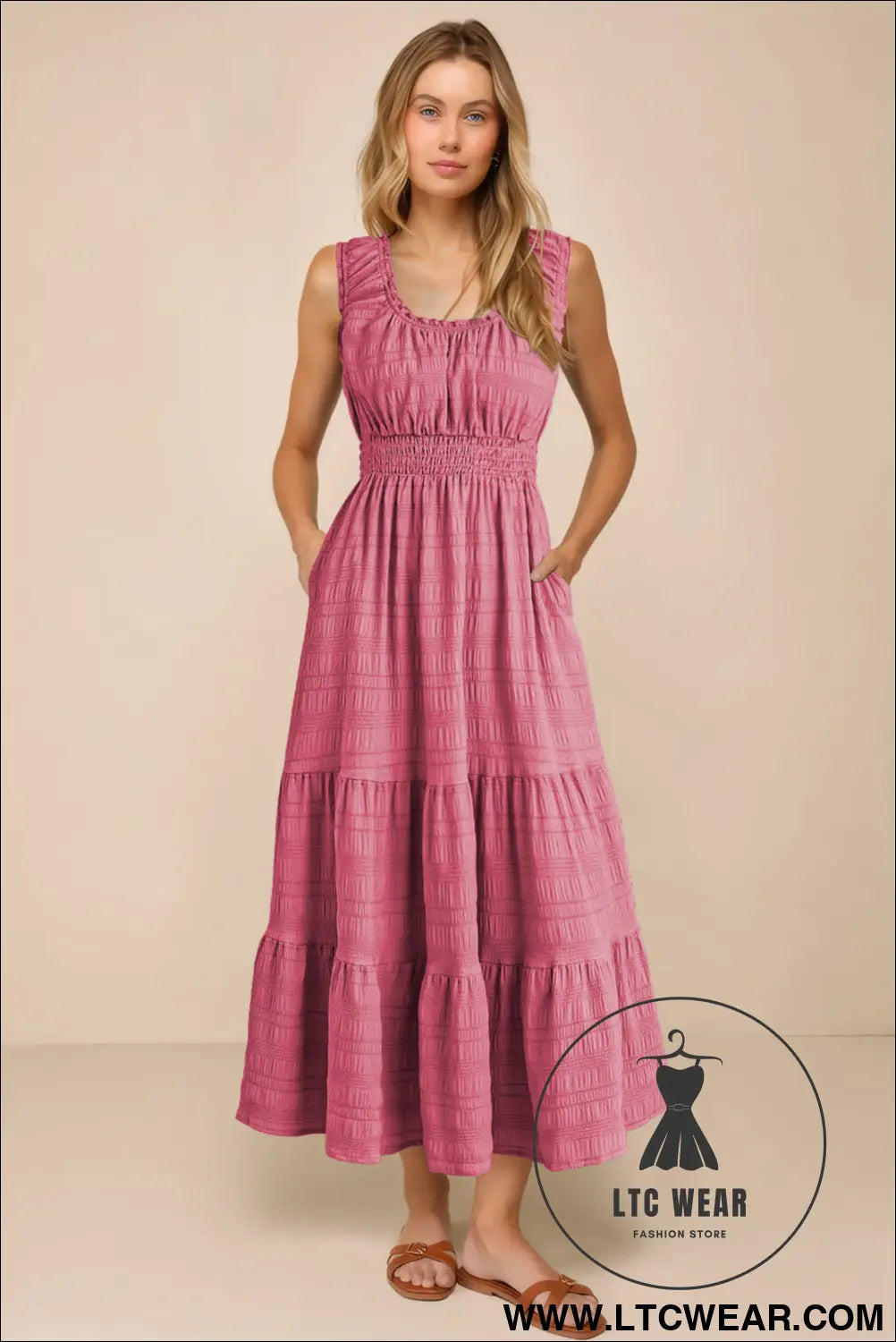 Rose shirred pleated square neck sleeveless midi dress - midi dresses