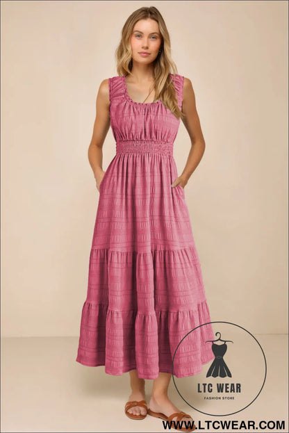 Rose shirred pleated square neck sleeveless midi dress - midi dresses