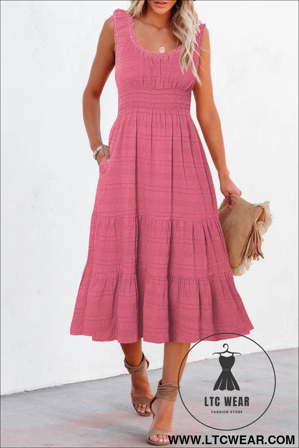 Rose shirred pleated square neck sleeveless midi dress - midi dresses