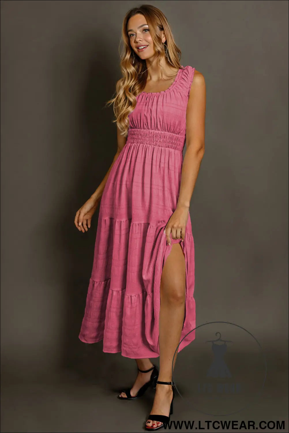 Rose shirred pleated square neck sleeveless midi dress - midi dresses