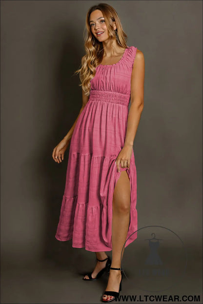 Rose shirred pleated square neck sleeveless midi dress - midi dresses