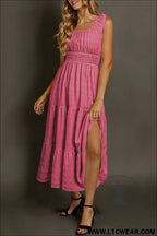 Rose shirred pleated square neck sleeveless midi dress - rose / l / 95% polyester + 5% elastane - midi dresses