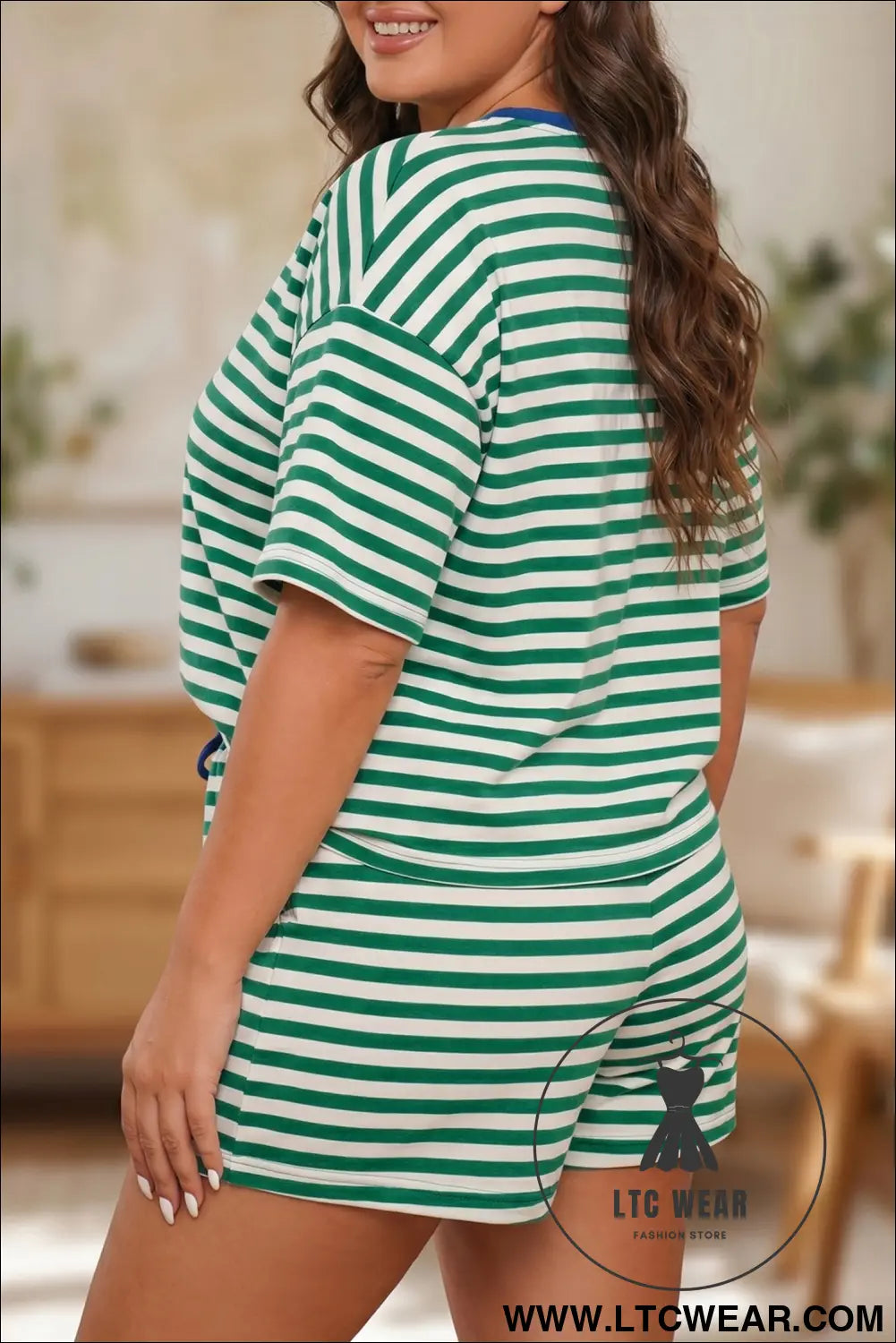Rose Stripe Boxy Tee Drawstring Elastic Waist Plus Size Short Set - L.T.C Wear Online Fashion Store