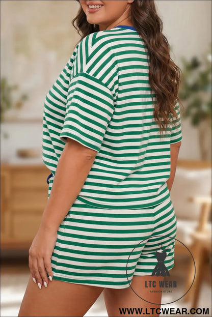 Rose Stripe Boxy Tee Drawstring Elastic Waist Plus Size Short Set - L.T.C Wear Online Fashion Store