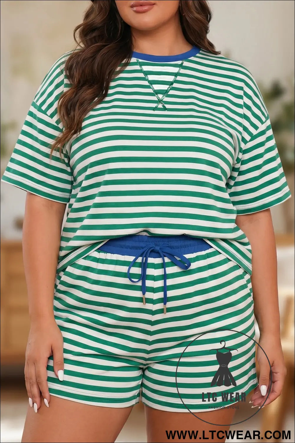 Rose Stripe Boxy Tee Drawstring Elastic Waist Plus Size Short Set - L.T.C Wear Online Fashion Store