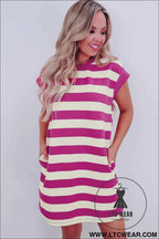 Rose Stripe Cap Sleeve Pocketed Shift T-shirt Dress