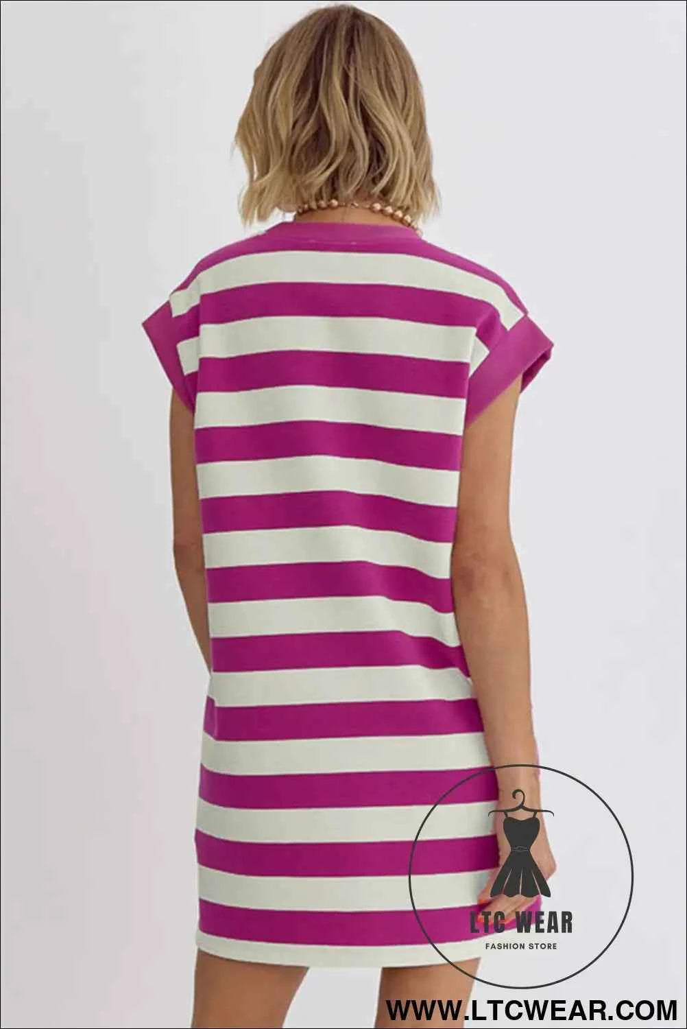 Rose Stripe Cap Sleeve Pocketed Shift T-shirt Dress