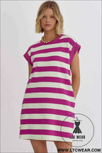 Rose Stripe Cap Sleeve Pocketed Shift T-shirt Dress