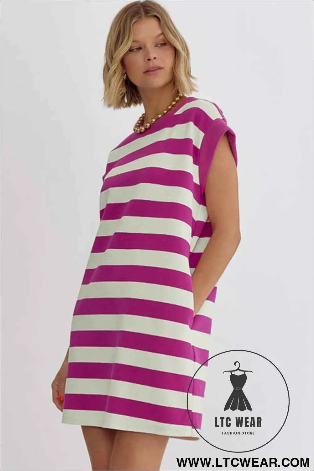 Rose Stripe Cap Sleeve Pocketed Shift T-shirt Dress