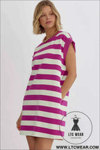Rose Stripe Cap Sleeve Pocketed Shift T-shirt Dress