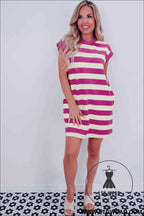 Rose Stripe Cap Sleeve Pocketed Shift T-shirt Dress