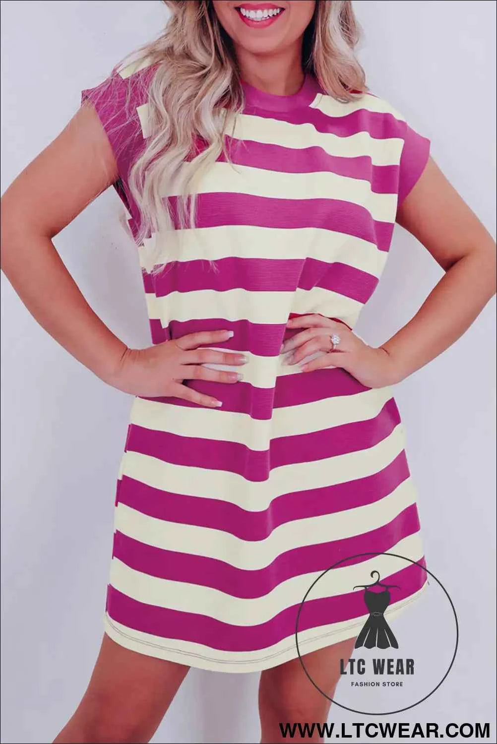 Rose Stripe Cap Sleeve Pocketed Shift T-shirt Dress