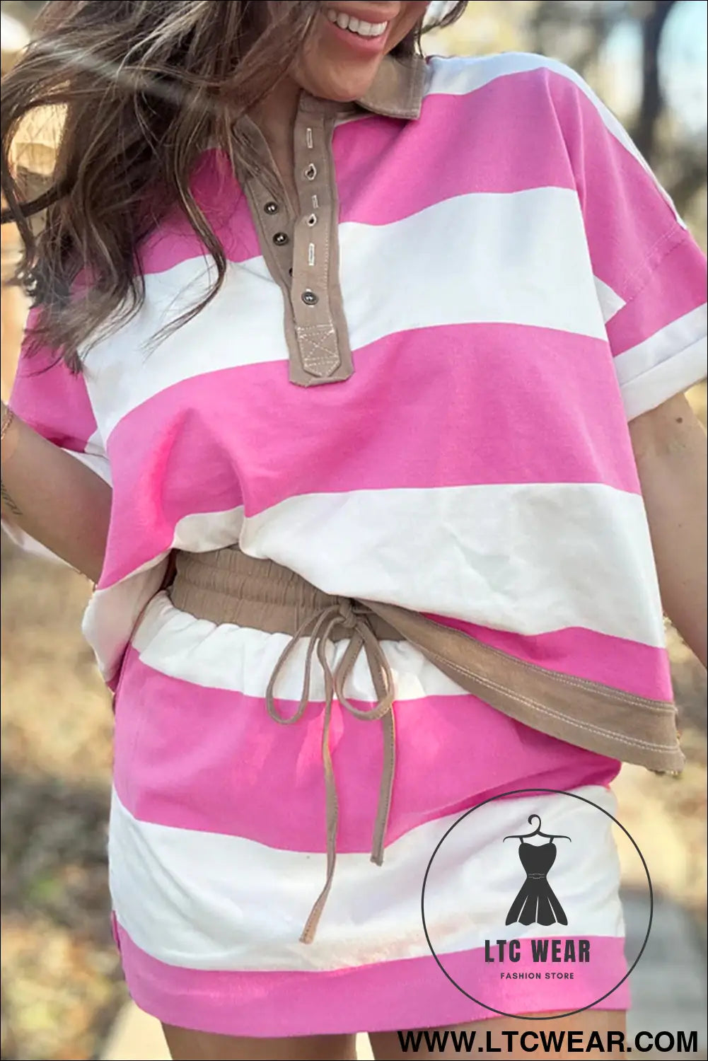 Rose stripe colorblock trim polo tee drawstring mini skirt 2pcs set - two piece dresses