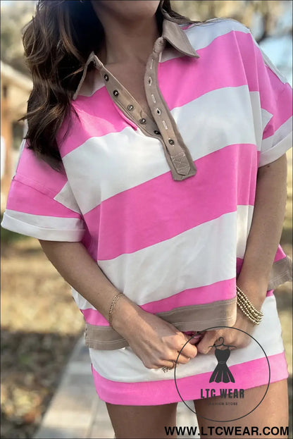 Rose stripe colorblock trim polo tee drawstring mini skirt 2pcs set - two piece dresses