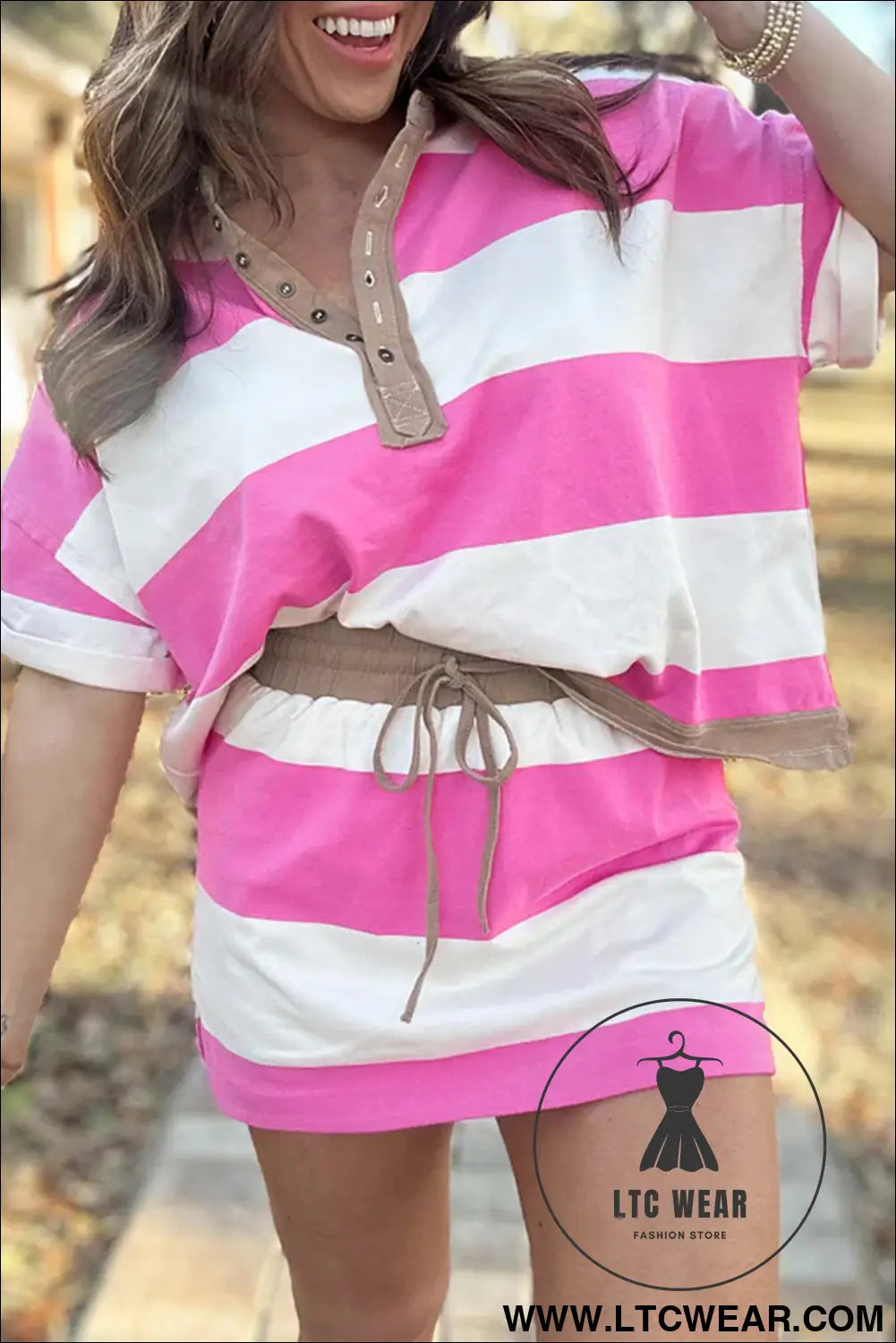 Rose stripe colorblock trim polo tee drawstring mini skirt 2pcs set - rose stripe / l / 95% polyester + 5% elastane