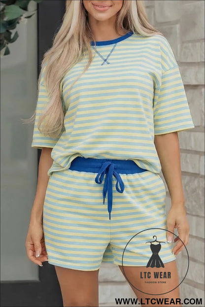 Rose Stripe Drop Shoulder Boxy Casual Terry Short Set - L.T.C Wear Online Fashion Store
