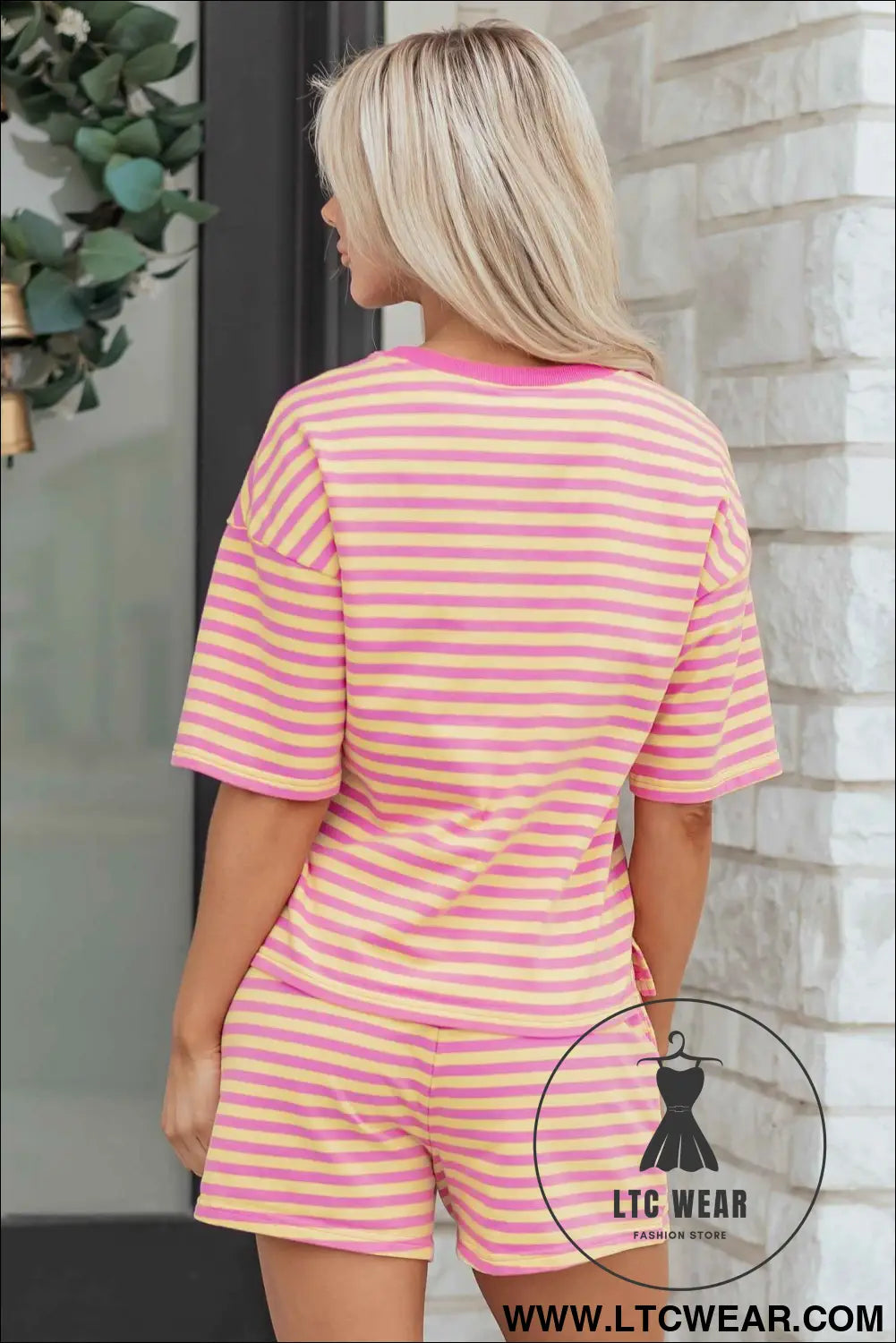 Rose Stripe Drop Shoulder Boxy Casual Terry Short Set